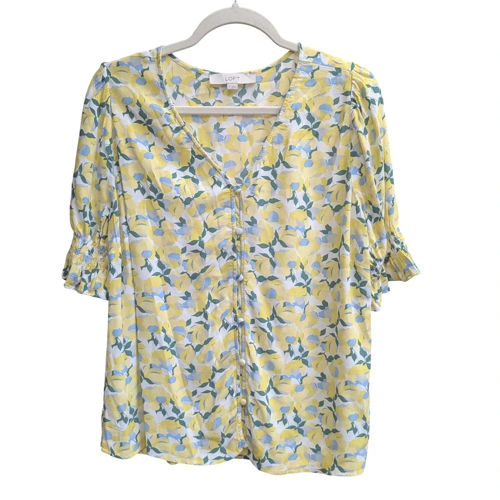 3/$25 LOFT Floral Blouse M Yellow Blue Puff Sleeve Smocked Ruffle Cuff Top
